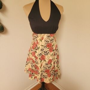 Hemet Black and Cream Skull and Roses Halter Dress